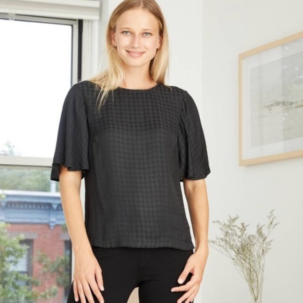 A New Day Black Jacquard Houndstooth Flutter Sleeve Women's Top Size XXL Whimsy